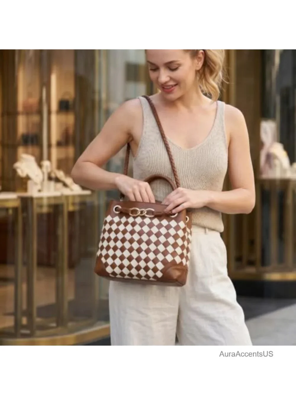 Woven Tote Bag for Women PU Leather Shoulder Handbag Top Handle Satchel